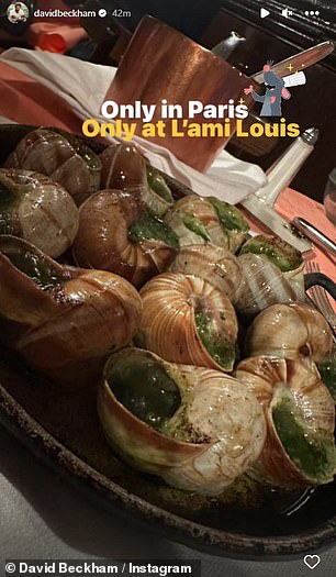 Living his best life: Meanwhile, David took to Instagram to share a glimpse of his dinner at L'Ami Louis, indulging in escargot