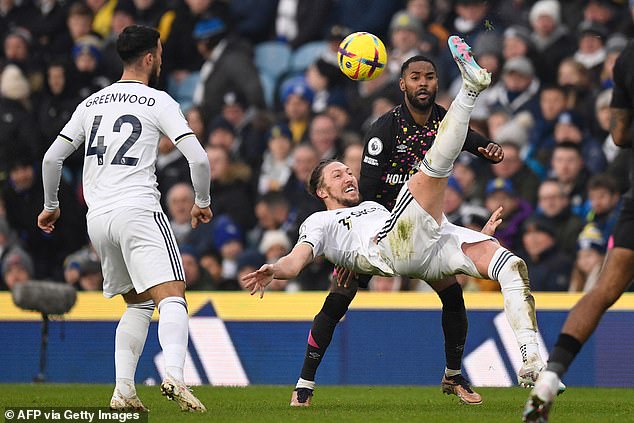 Luke Ayling attempts a Chilean under pressure during the scoreless match