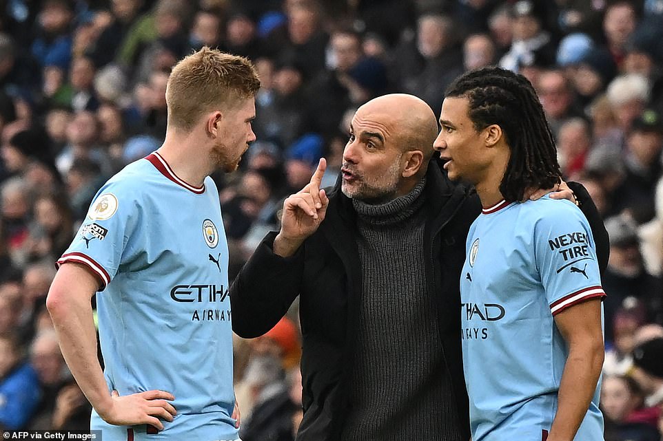 Pep Guardiola (centre) has been looking for more from his team of late and this performance will put a smile on his face.