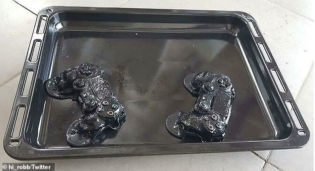 Hey!  A father who decided to hide his son's PS4 controllers in the oven so they would go to bed, however, his wife unknowingly turned on the oven the next day and melted them down.