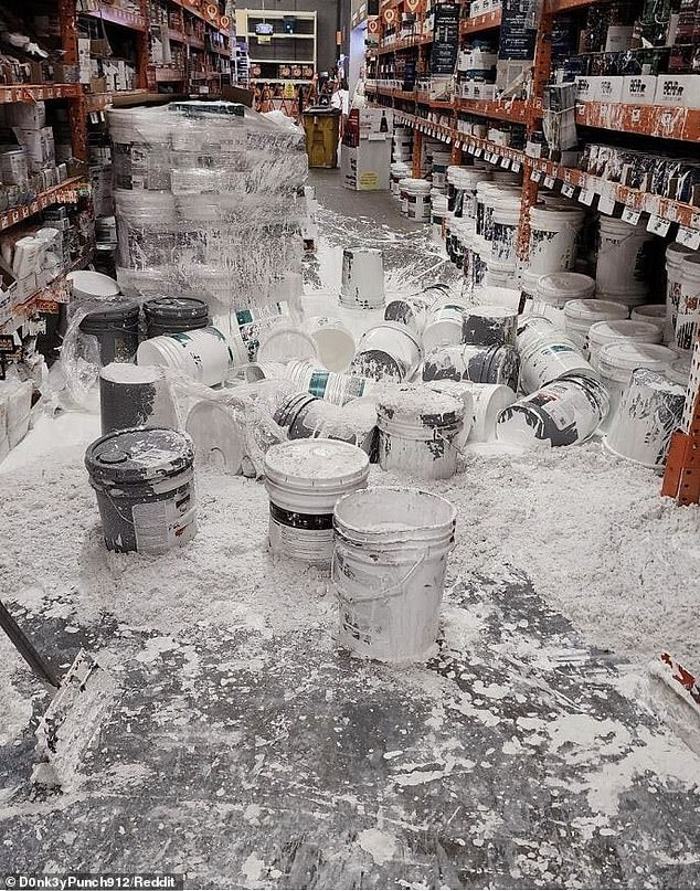 Clean island two!  This new employee's first night on the job in the paint shop warehouse didn't go exactly as planned.