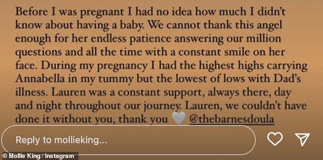 Thank you: Mollie took to Instagram to share a gushing tribute to being her doula friend Lauren, whom she thanked for their continued support