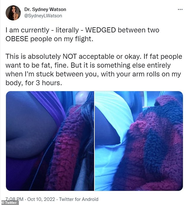 Sydney Watson created an online storm and made headlines around the world after she sent photos (pictured) of herself 'caught between two obese people' on a flight to her social media followers.