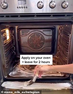 The first thing Chantel said to do is mix one cup of Glitz baking soda with one-third cup of Glitz dishwashing liquid, then apply it to the oven, leave it for two hours, then scrape it off (pictured).