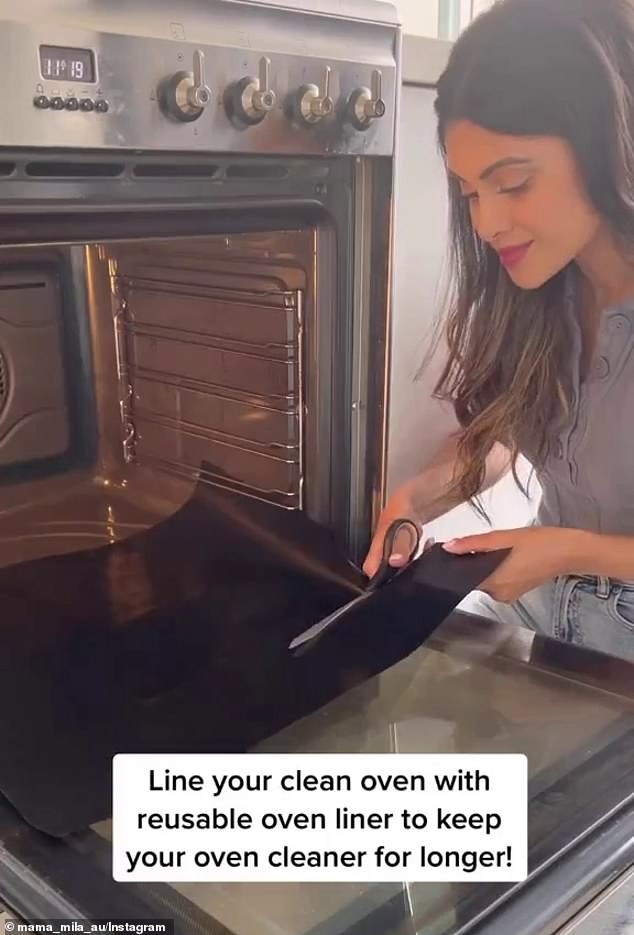 Following this, the mother-of-two said she just needs to wipe off any 'excess mix' and 'finish off lining her oven with a Soffrito oven liner' to catch future grease (pictured)