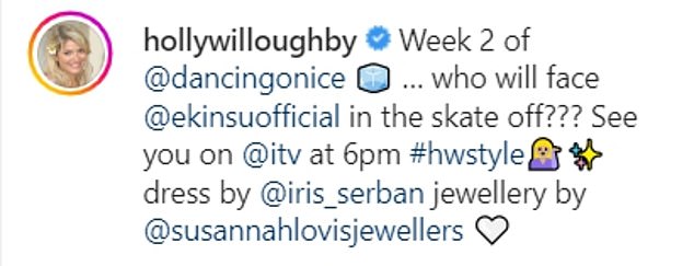 Exciting: In her caption, Holly wrote: 'Week 2 of @dancingonice, who will take on @ekinsuofficial in the skate off?'