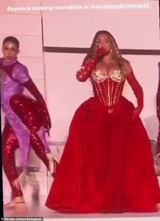 Ball Gown: Lebanese designer Nicolas Jebran created the red, princess-cut gown with gold sequin detailing and embellished sleeves that the Say My Name singer changed into later in the evening.