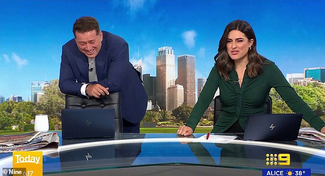 When cameras returned to the studio, Stefanovic was seen hunched over his chair while pretending to wince as his new co-host, Sarah Abo, quipped: 