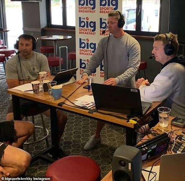 Coincidentally, Clarke's injury was also mentioned when the former cricketer returned to Sky Sports Radio's Big Sports Breakfast on Monday.  (Clarke is pictured second from right with co-hosts Laurie Daley and Gerard Middleton)