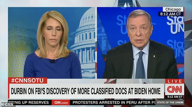 During the interview, CNN's Dana Bash (left) asked the senator if, after the latest discovery, Durbin fears that Biden, who has mocked Trump's mishandling of files in the past, has lost his ' high point in this notion' before the ex-president