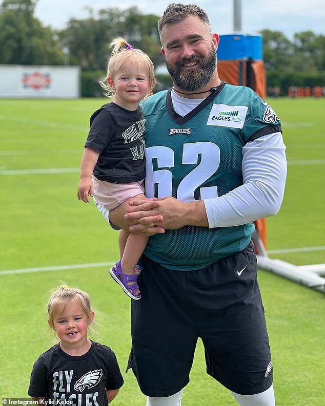 Kelce is pictured with her daughters Elliotte Ray, 22 months, and Wyatt, 3.