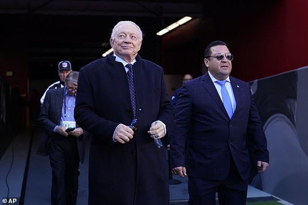 Dallas Cowboys owner/president/general manager Jerry Jones arrives for an NFL divisional round playoff football game against the San Francisco 49ers in Santa Clara.