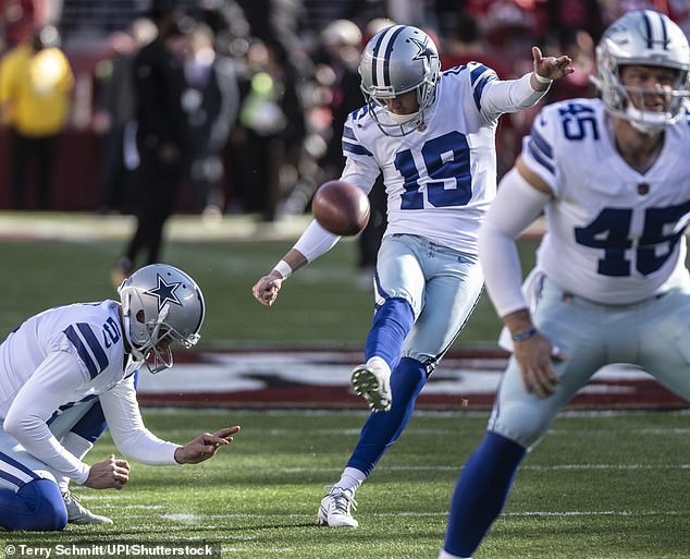 Dallas Cowboys placekicker Brett Maher (19) practices kicking off the rack Bryan Anger (5) before playing the San Francisco 49ers in the NFC divisional playoffs at Levi's Stadium