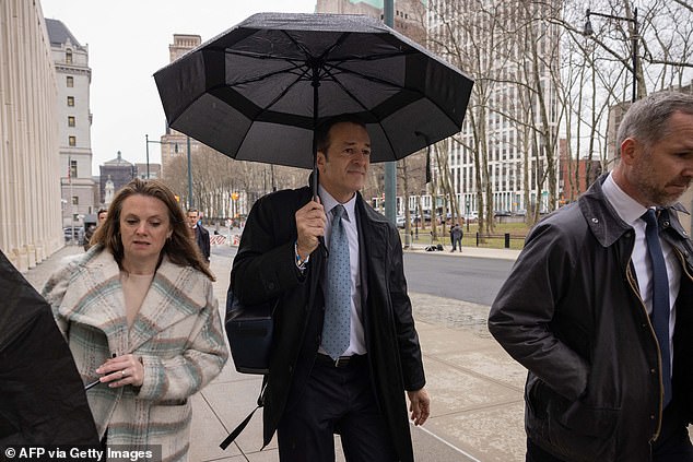 Former Fox executive Hernán López (C) arrives at court in the Brooklyn borough of New York