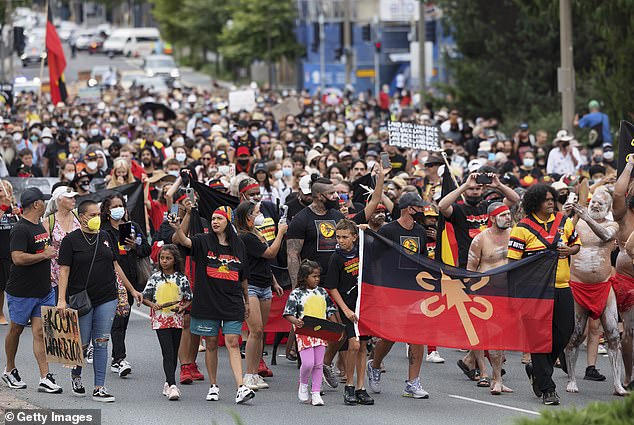 Activists will attend Invasion Day demonstrations in Sydney, Melbourne and Brisbane to mark the start of indigenous colonization by the British and protest the Indigenous Voice referendum to Parliament (pictured, Day protesters of the 2022 Invasion in Canberra)