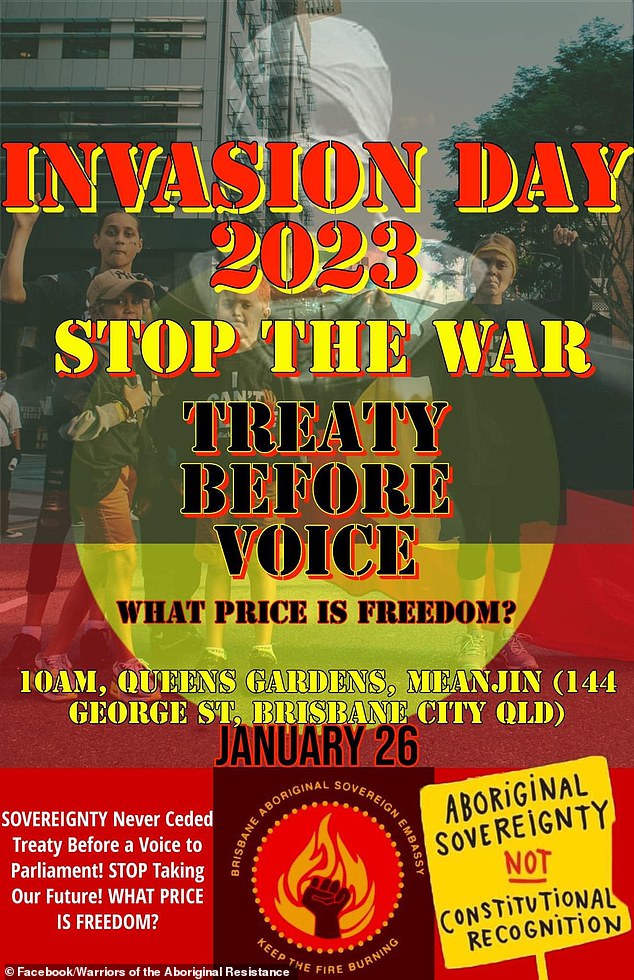 Activist group Warriors of the Aboriginal Resistance is calling for a national voice to be formed only after a treaty has been established between indigenous peoples and Australian governments (Warriors of the Aboriginal Resistance rally poster pictured)