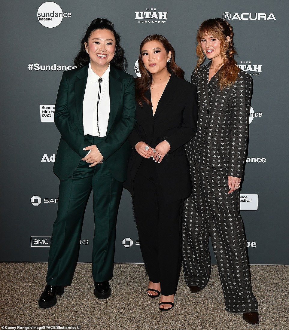 Talented trio: The Velma guest star wasn't the only one who opted for menswear, as her co-stars Sherry Cola (L) and Ally Maki (M), who play Alice and Miko, also wore black suits for the festivities.