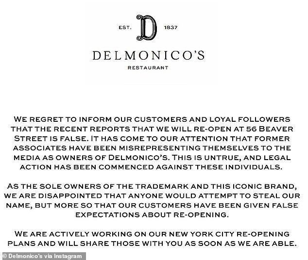 An Instagram post on Delmonico's Instagram account alleges that the 