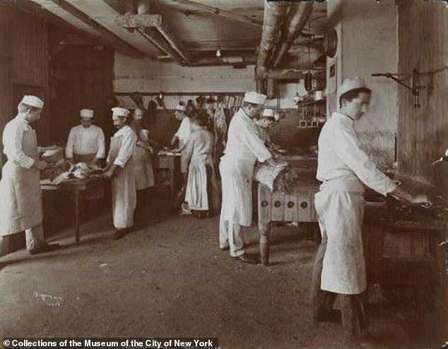 Delmonico's busy kitchen seen in 1902 when the restaurant was 65 years old