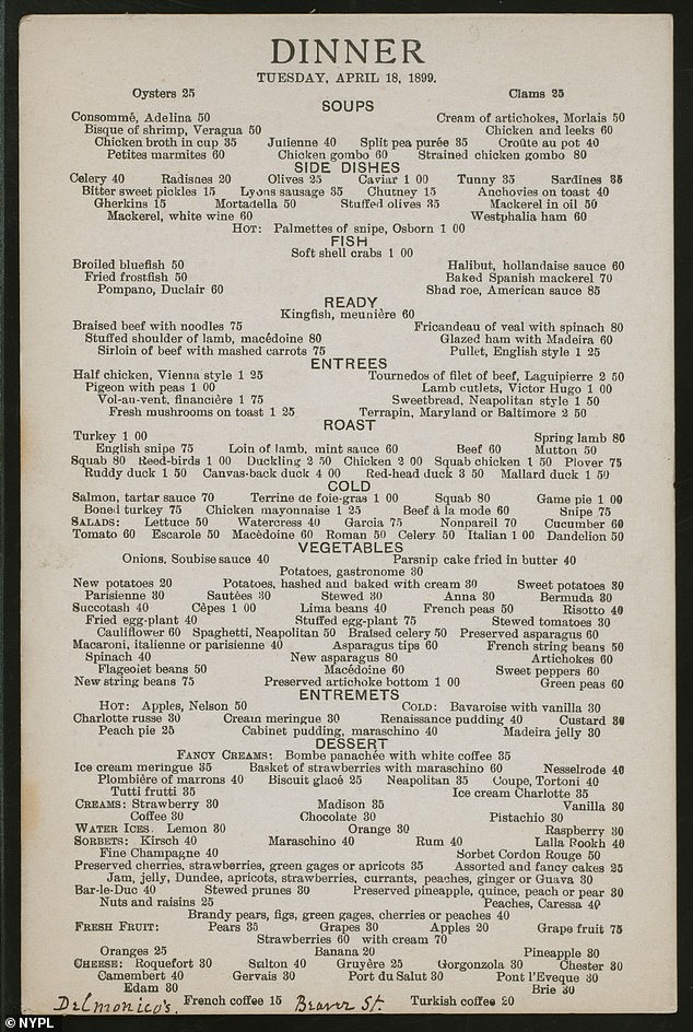 Delmonico's dinner menu on April 18, 1899