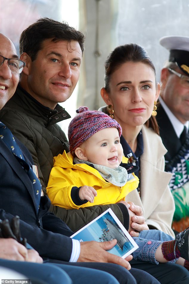 Outgoing New Zealand Prime Minister Jacinda Ardern (pictured right) had special messages for her partner Clarke Gayford (pictured left) and daughter Neve (centre) in her resignation speech.