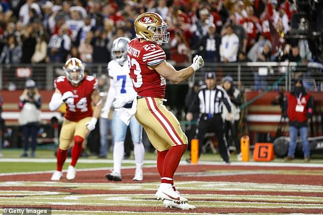 Christian McCaffrey celebrates after running for a touchdown against the Dallas Cowboys