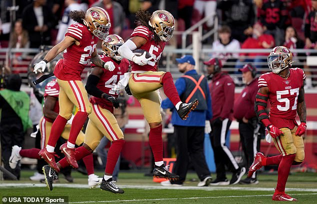 The 49ers defense celebrates an interception made by #54 Fred Warner during the first half