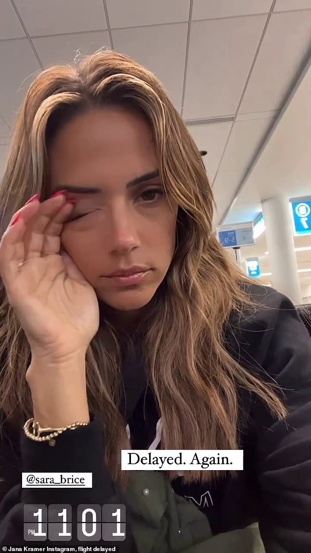 Exhausting journey: The actress and singer explained in the short film that, 'We're delayed... once again,' as she filmed herself using her phone's camera as she sat next to her friend inside the airport.