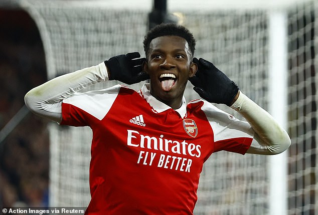 Eddie Nketiah (above) scored a brace as the Gunners beat United 3-2 at home on Sunday