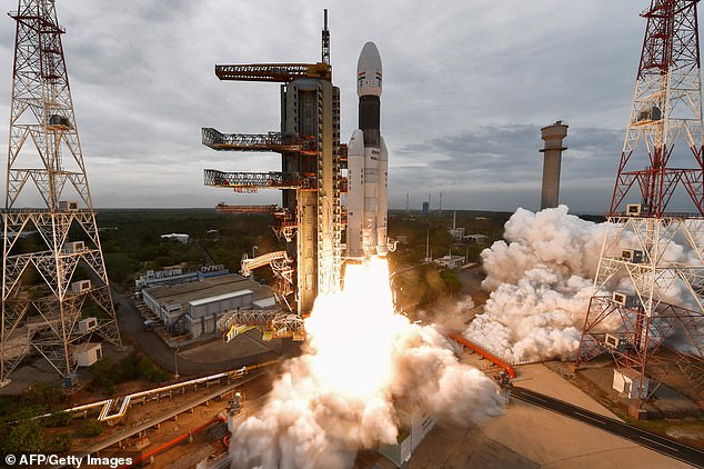 A rocket launched by the Indian Space Research Organization, Chandrayaan-2 (Moon Chariot 2), is seen in 2019