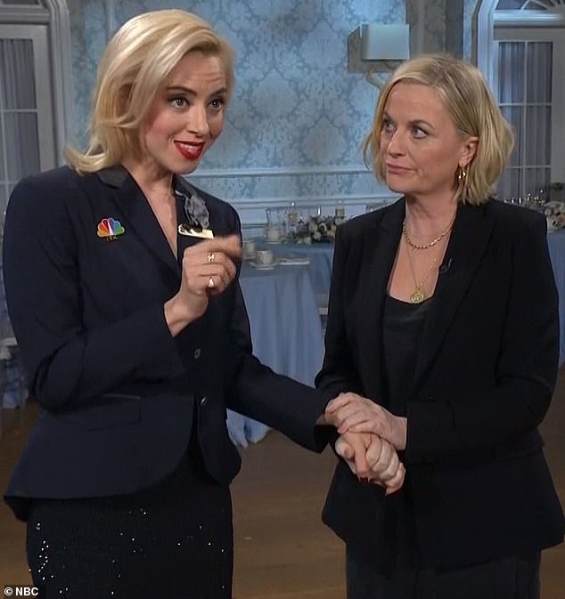 Reunited: The tour brought Aubrey another full-circle moment as she caught up with her Parks and Recreation co-star¿and SNL legend¿Amy Poehler, 51.  Amy in a moment.  Are you drinking again?