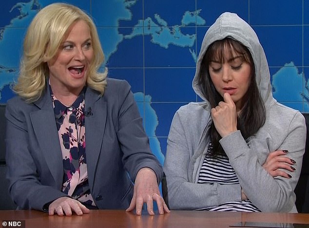 Reprising their roles: Plaza and Poehler reunited once again on the show when they reprized their roles on Parks and Recreation for Weekend Update.