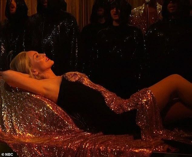 The only one: Aubrey's epic night ended on a high note when Sharon Stone, 64, sprawled out on a chaise lounge during Sam Smith's musical performance.