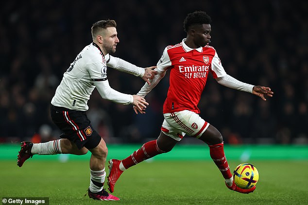 Ferdinand also suggested that Luke Shaw (left) was 'scared' of Sake Bukayo (right) during the game.