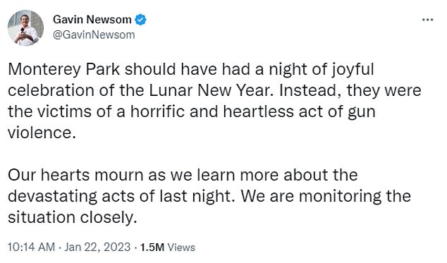 Newsom acknowledged the massacre on social media Sunday morning.  he called it 