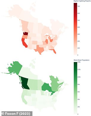 Maps that show number of sasquatch reports (top) and black bear populations (bottom) in the United States and Canada