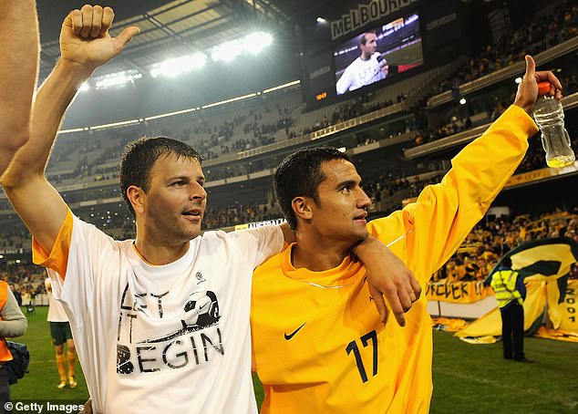 Sterjovski, here with Socceroos star Tim Cahill, made 43 caps for Australia over a 10-year period.