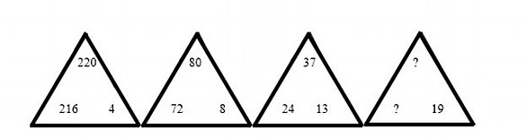 Logic puzzles can figure out what your IQ is compared to the rest of the population: What numbers should replace the question marks in the fourth triangle in this puzzle?