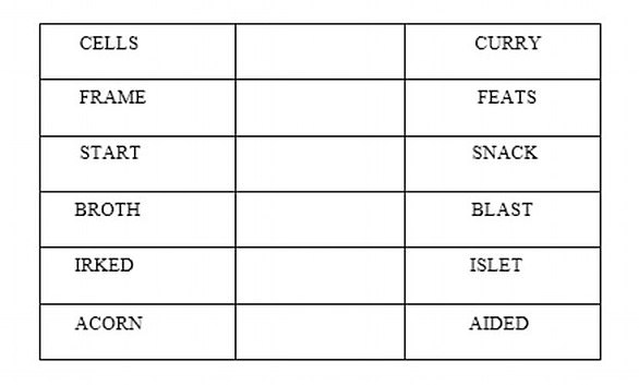 In each row place a letter that can be substituted for the second letter of the words on either side.  When a word is complete it will be read down