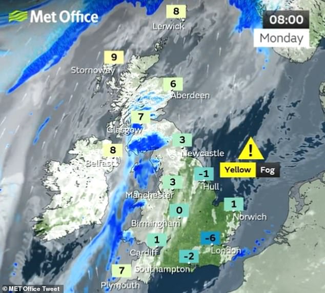 The Met Office revealed how Monday started cold and clear with some freezing fog in the east and southeast