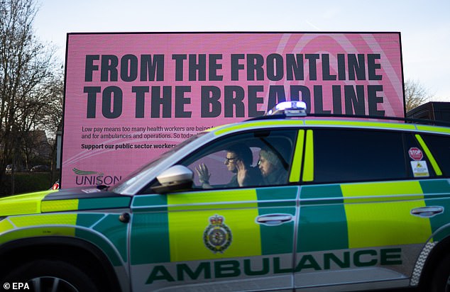 Ambulance workers respond to an emergency call amid a union strike, at Longley Ambulance Station in Sheffield, on January 23