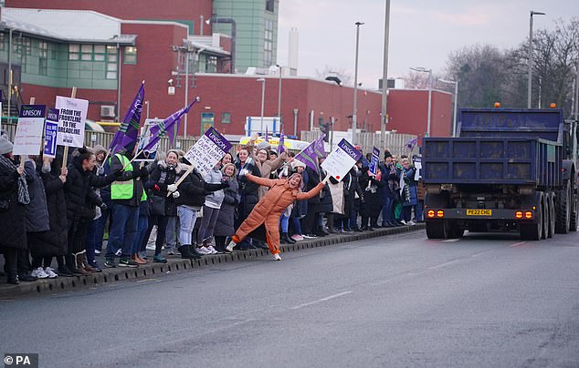 NHS staff at Aintree University Hospital in Liverpool take part in strikes on January 23