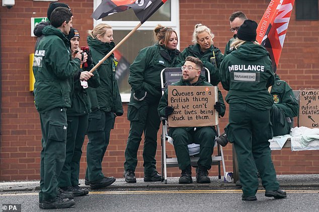 Ambulance staff who are members of the GMB union on the picket line outside the Donnington Ambulance Hub, in Donnington, near Telford, Shropshire on January 23