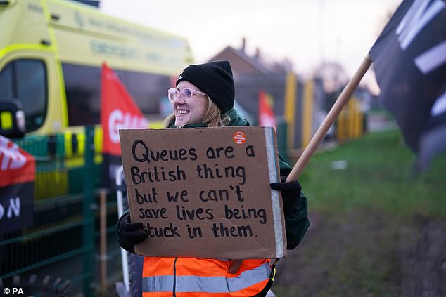 Ambulance staff who are members of the GMB union on the picket line outside the Donnington Ambulance Hub, in Donnington, near Telford, Shropshire on January 23