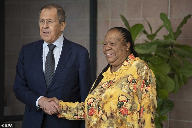 Sergei Lavrov (L), the Minister for Foreign Affairs of the Russian Federation, is welcomed for bilateral talks with his South African counterpart, Minister for International Relations and Cooperation Dr. Naledi Pandor (R), in Pretoria, South Africa, on Monday.