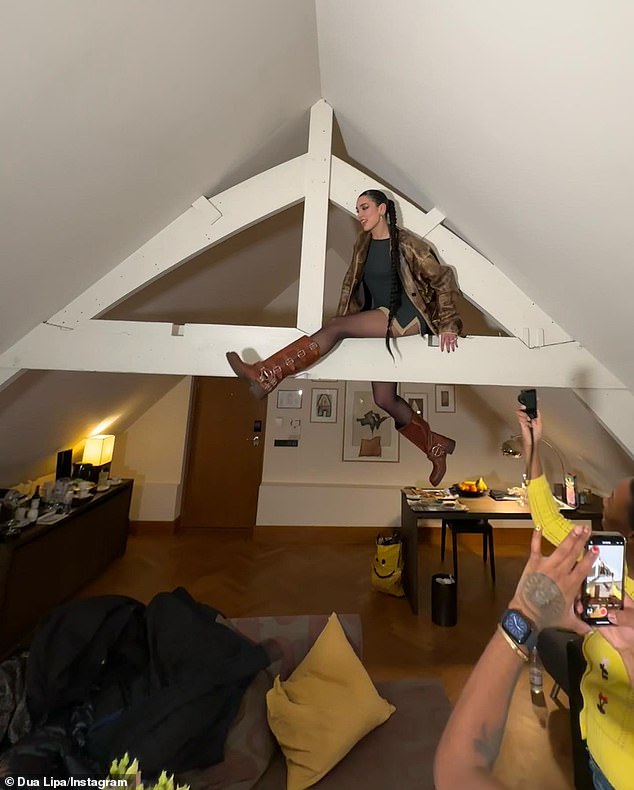 Fun night out with friends: Enjoying a fun night out with friends, the singer, 27, put on a playful face as she posed for some photos swinging on the panel inside a living room