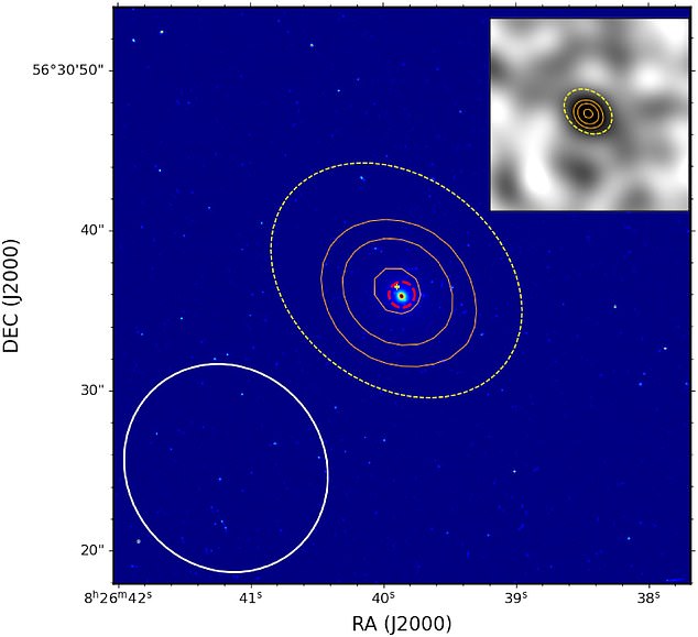 Co-author Dr Nirupam Roy said: 'In this specific case, the signal is bent by the presence of another massive body, another galaxy, between the target and the observer. This effectively results in the magnification of the signal by a factor of 30, allowing the telescope to pick it up.' Pictured: Image of foreground galaxy taken by the Hubble Space Telescope which magnified the light from SDSSJ0826+5630