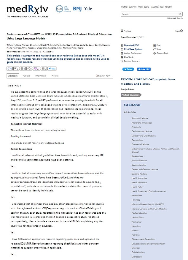 In the post, the professor shared another study conducted by Yale researchers in which the chatbot scored a passing grade on the US Medical Licensing Exam.