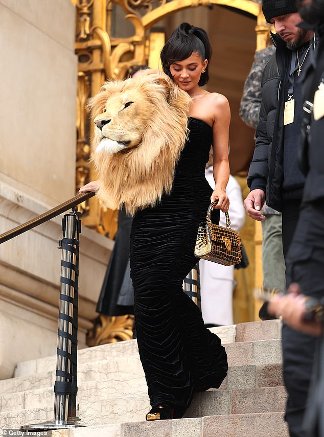 Kylie Jenner arrived in Paris for Schiaparelli's Spring Summer 2023 Haute Couture show wearing one of the Embroidered Animals dresses