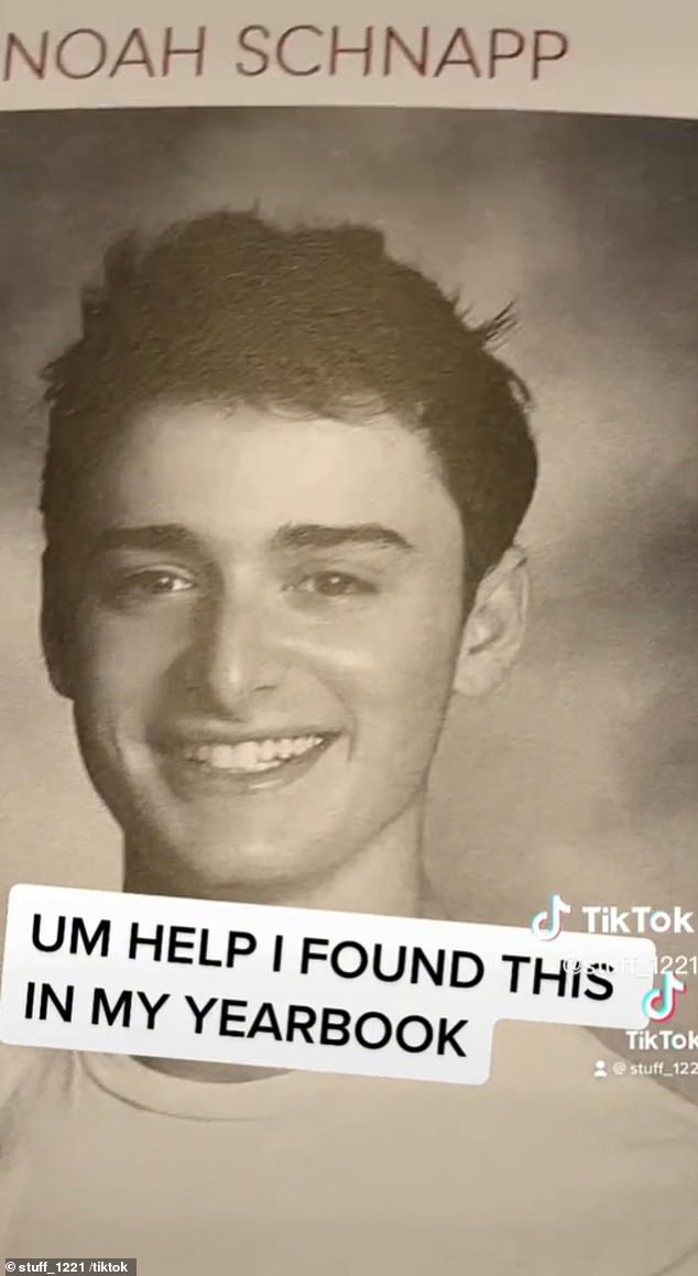 One user wrote: 'UM HELP I FOUND THIS IN MY YEARBOOK' over the clip, the camera panned to a black and white image of Noah, showing him beaming in a white T-shirt.